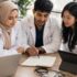 Doctors and medical students studying Medical English together at a table