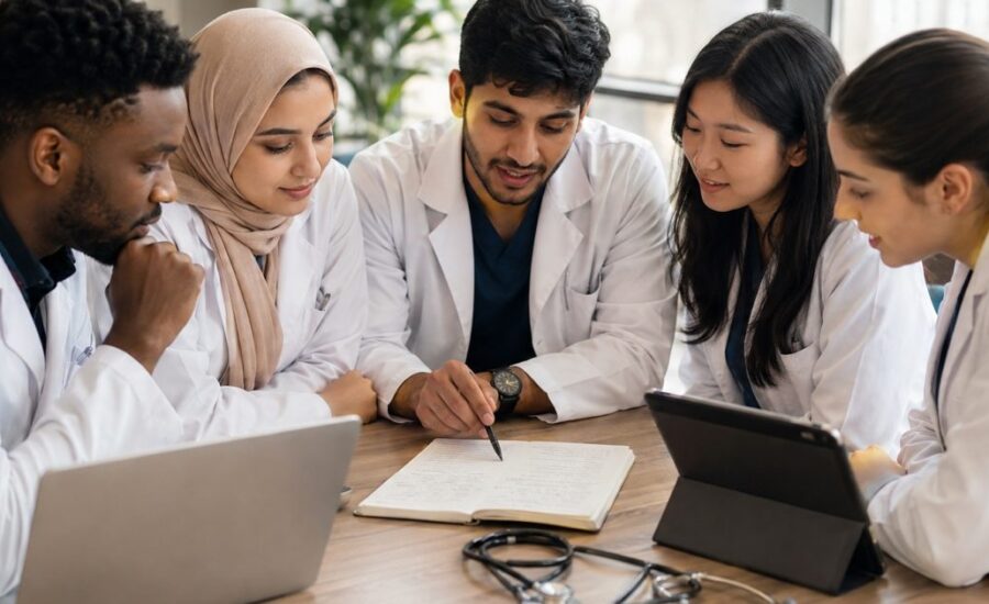 Doctors and medical students studying Medical English together at a table